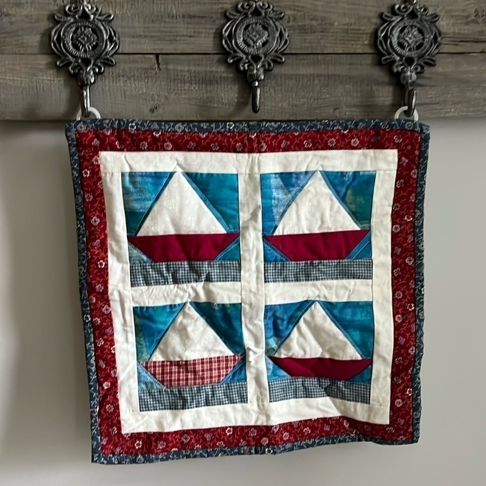 Patchwork Quilt Wall Hanging Sailboat Nautical 14.5” Square